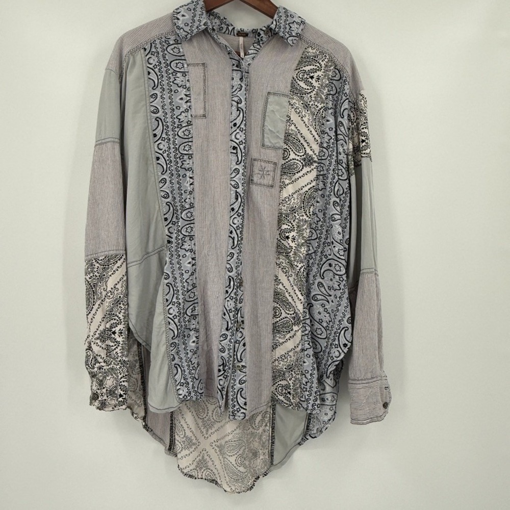 Free People All Patched Up Bandana Patchwork Button Up Shirt Sz S Lagenlook Boho